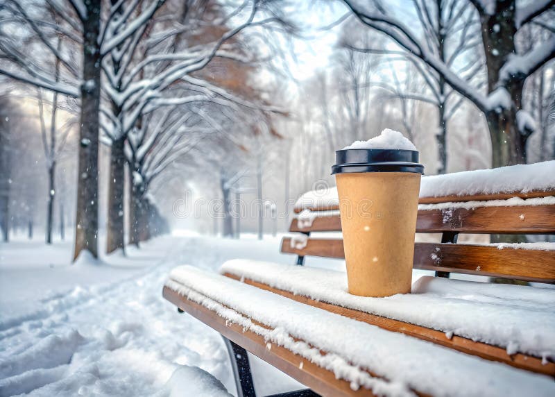A Frozen Moment A Solitary Coffee Cup Waits on a Snowy Park Bench Embracing the Tranquil Winter Solitude vector illustration