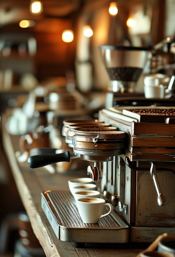 A coffee machine sitting on top of a wooden table royalty free illustration