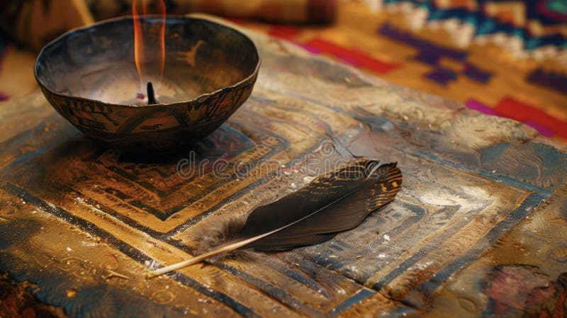 A solitary feather resting on a sacred altar a symbol of the connection between humans and the spirit world in Native stock image