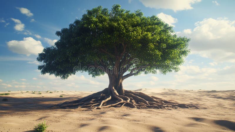 Solitary green tree with exposed roots in a barren desert under a blue sky with clouds. Survival and resilience in royalty free stock photo