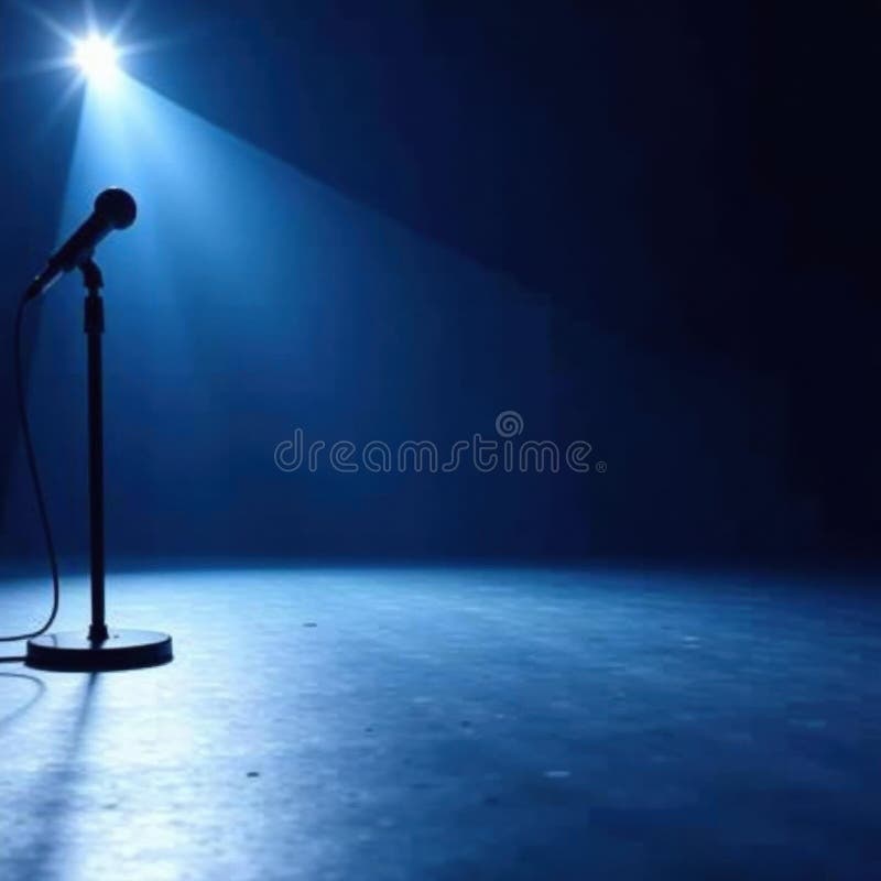Solitary microphone stand, blue lit stage, stillness, stage setup, minimal, empty space royalty free illustration