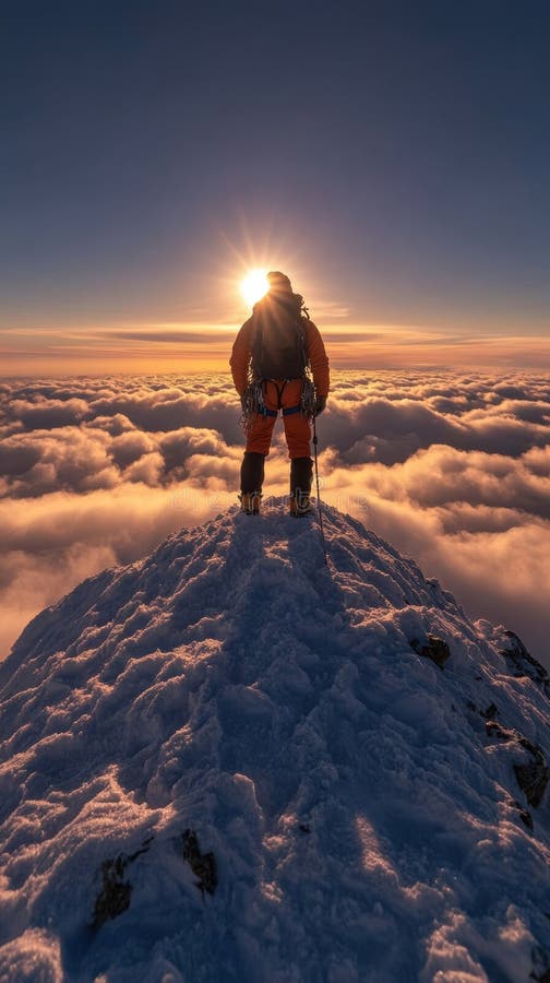 A solitary mountaineer stands atop a snowy mountain peak, witnessing a breathtaking sunrise above a sea of clouds royalty free illustration