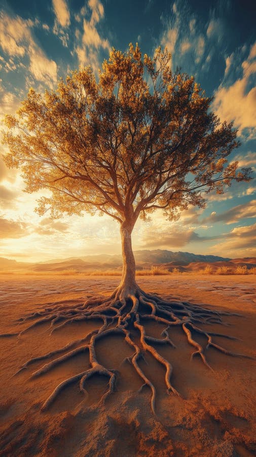 Solitary tree with exposed roots in desert landscape at sunset, resilience concept stock photos