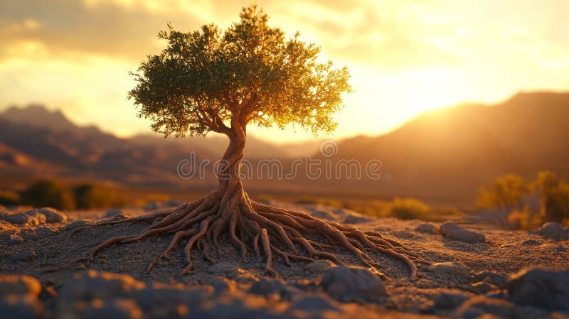 Solitary tree with exposed roots in a desert landscape at sunset, warm glowing light. Nature resilience and survival royalty free stock photo