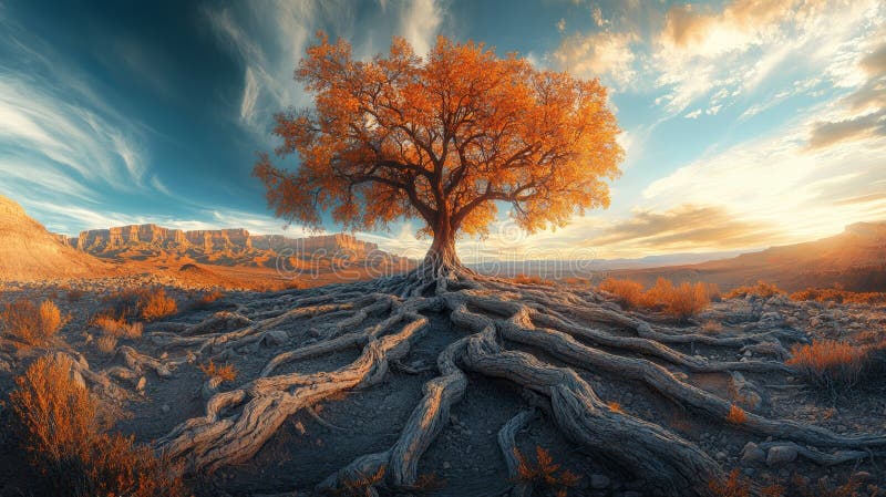 Solitary tree with sprawling roots in desert at sunset, dramatic sky. Nature&#x27;s resilience and survival concept royalty free stock photography