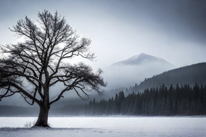 A solitary winter tree reflects on the calm lake, embodying serenity as snow blankets the landscape royalty free illustration