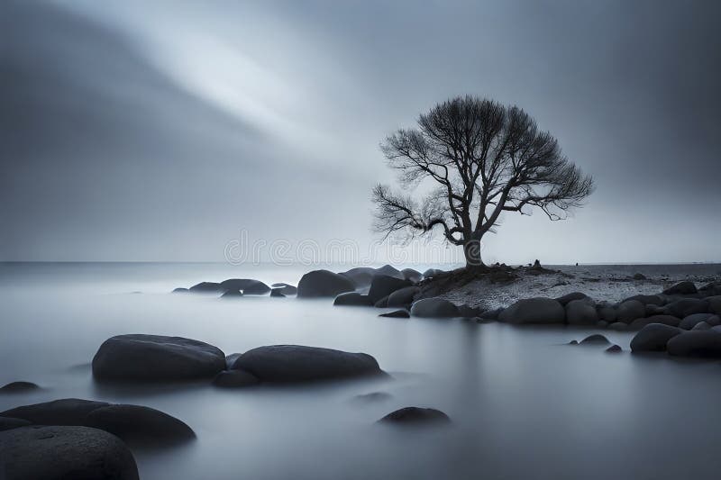 A solitary winter tree reflects on the calm lake, embodying serenity as snow blankets the landscape stock illustration