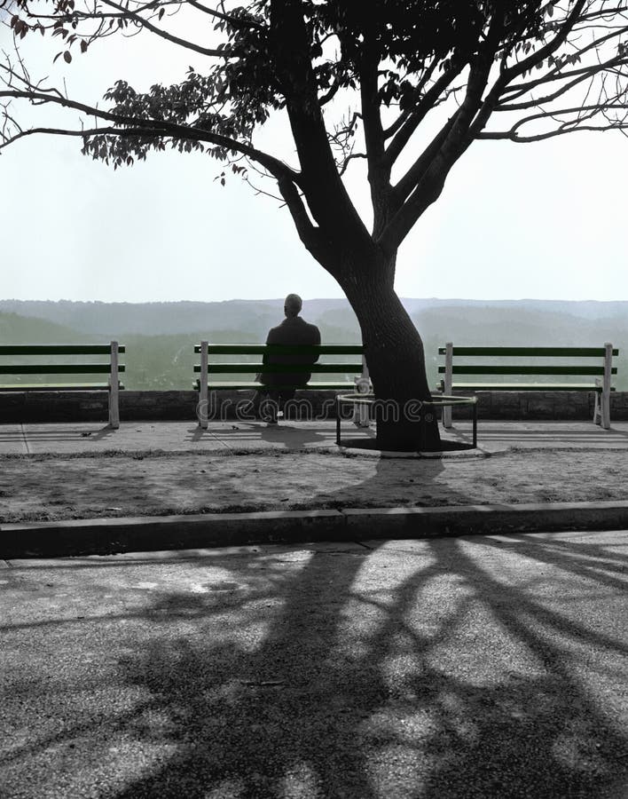 Un uomo solitario, guarda il sole di setting da un parco della città.