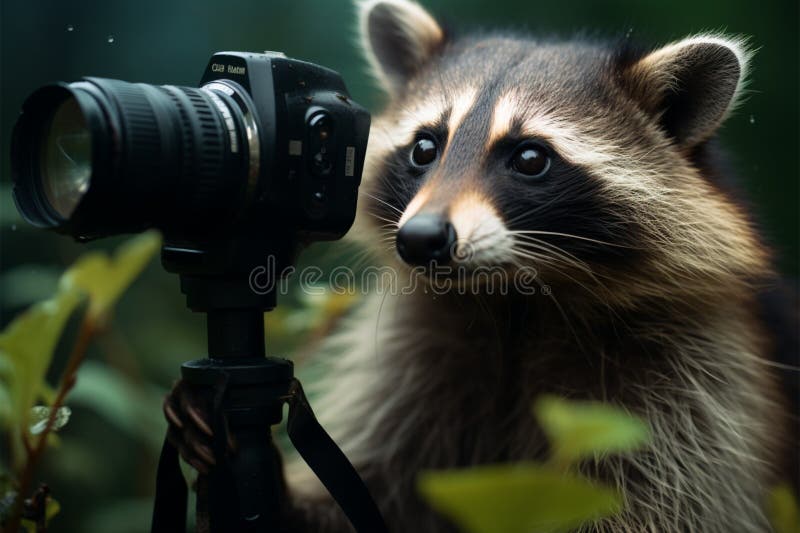 In solitude, a raccoon captures fleeting scenes, lens tinged with blur Generative AI