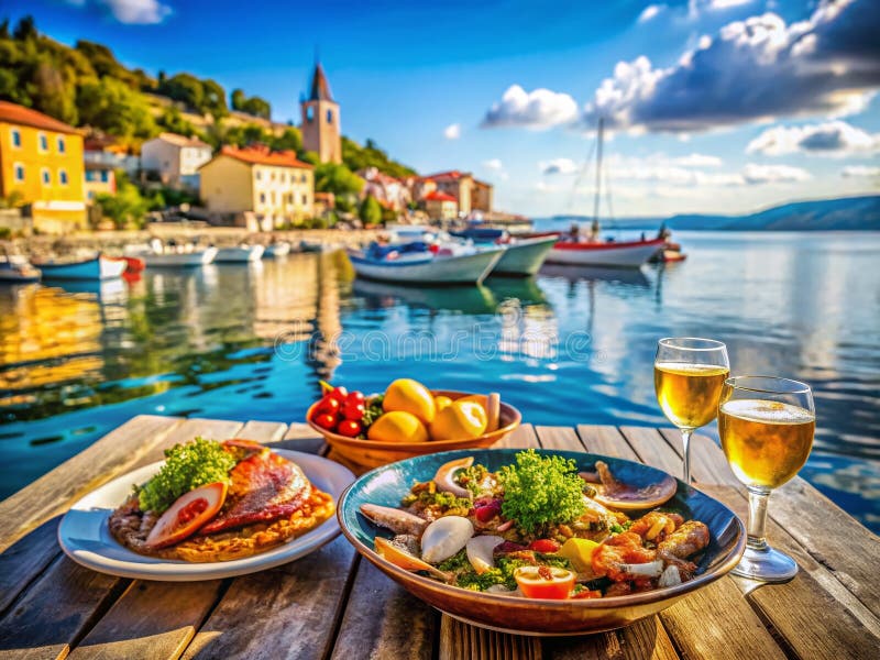 Solkysst skaldjursfest i Senj hamn En utsökt kroatisk kulinarisk upplevelse i Medelhavssolen stock illustrationer