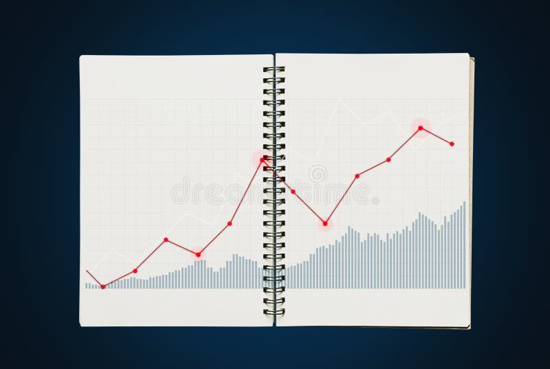 Sollevando grafico sul taccuino aperto, su fondo blu immagine stock