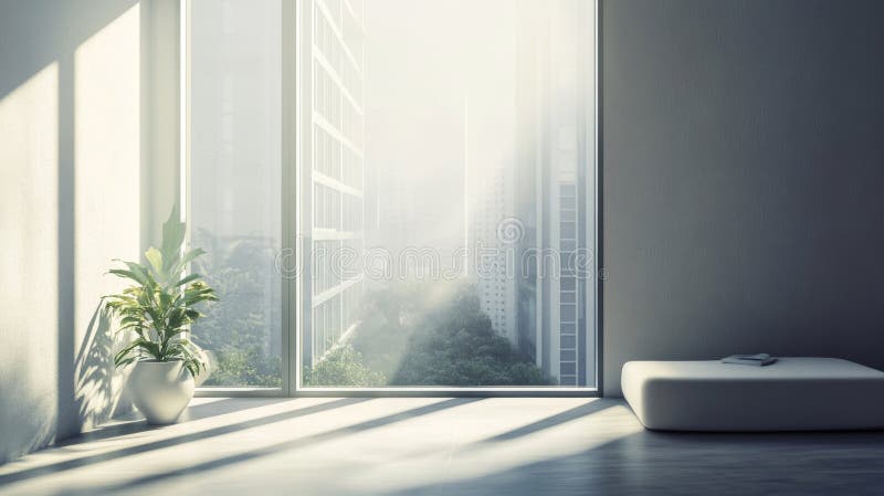 Sollätt översvämning minimalistiskt vitt invändigt gjutgods med varm glöd på krukgrej bredvid ett expansivt fönster med sofa-socko royaltyfri illustrationer