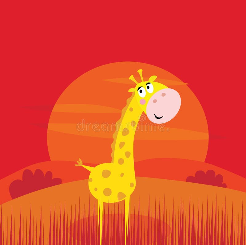 Solnedgång för plats för safari för gullig giraff för djur röd vektor illustrationer