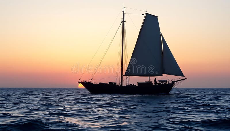 Solnedgång i sjöbåtar fredligt segelflyg och marint äventyr, Stock Photo Generative AI vektor illustrationer