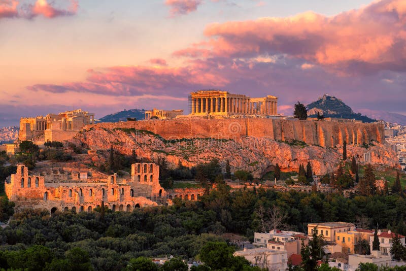 Solnedgång på akropolen av Aten, med Parthenontemplet, Aten, Grekland