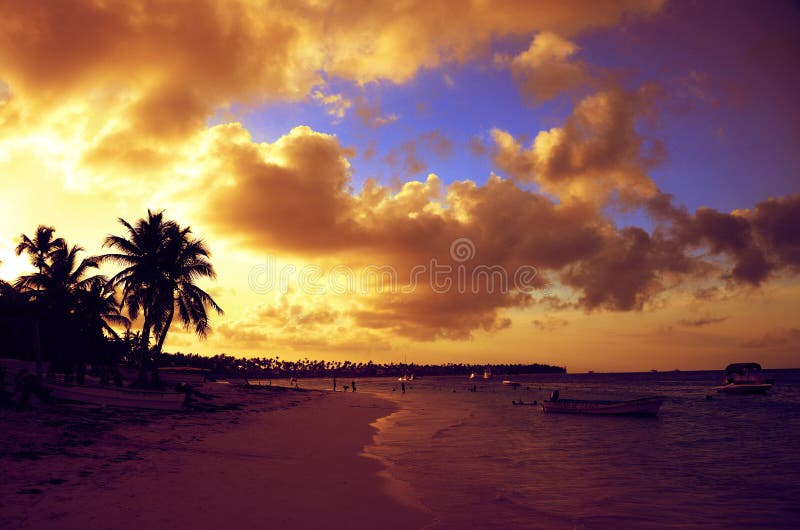 Solnedgång på den Bavaro stranden, Punta Cana, Dominikanska republiken royaltyfria foton Solnedgång på den Bavaro stranden, Punta Cana, Dominikanska republiken royaltyfria foton