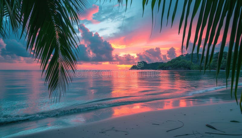 A painting depicting a vibrant sunset on a tropical beach, with palm trees silhouette against the colorful sky, and waves crashing on the shore. AI Generative AI generated. A painting depicting a vibrant sunset on a tropical beach, with palm trees silhouette against the colorful sky, and waves crashing on the shore. AI Generative AI generated