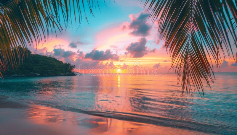 A painting depicting a vibrant sunset on a tropical beach, with palm trees silhouette against the colorful sky, and waves crashing on the shore. AI Generative AI generated. A painting depicting a vibrant sunset on a tropical beach, with palm trees silhouette against the colorful sky, and waves crashing on the shore. AI Generative AI generated