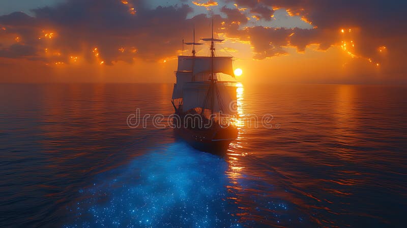 Solnedgång Sailboat Ocean Dramatic Sky Fantasy Art vektor illustrationer