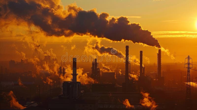 Sunset over industrial skyline with smokestacks emitting pollution AI generated. Sunset over industrial skyline with smokestacks emitting pollution AI generated