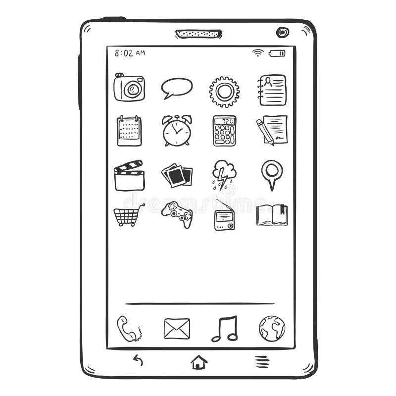 Solo Tablet PC Del Bosquejo Del Vector Con Los Iconos Móviles Ilustración  del Vector - Ilustración de tablilla, mano: 84781797