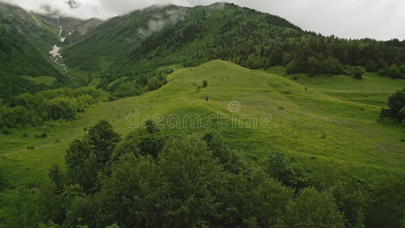 Solo traveler backpacker hiking alpine meadow. Enjoy views, freedom. Aerial selfie, rich green mountains, serene stock video