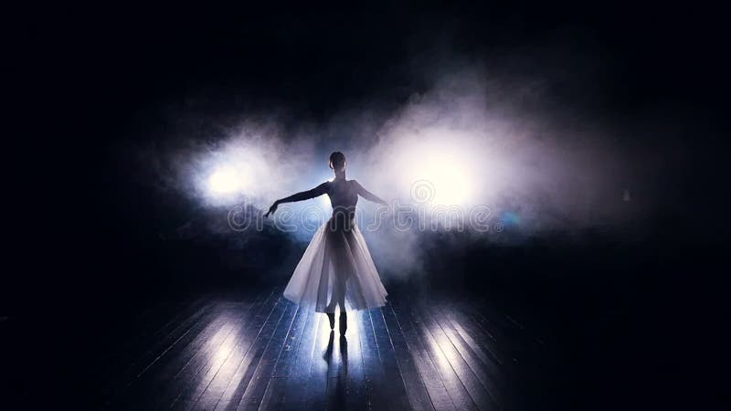 A soloing ballerina performs in a misty room.