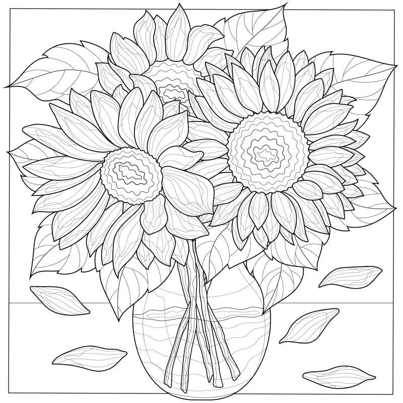 Solrobukett Blommor Färgboksantistress för barn och vuxna stock illustrationer