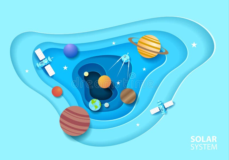 Solsystem i pappersformat Galaxpapper med skärsår på satelliter och planeter Vektorillustration royaltyfri illustrationer Solsystem i pappersformat Galaxpapper med skärsår på satelliter och planeter Vektorillustration royaltyfri illustrationer