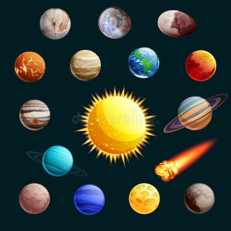 Solsystemvektorillustration Sol, planeter, symboler för satellittecknad filmutrymme och designbeståndsdelar