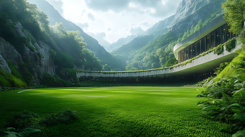 Soluppgång i bergdalens ekoresort lush field vektor illustrationer