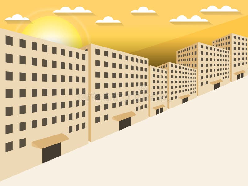 Soluppgång i staden Byggnader i perspektiv i 3D stock illustrationer Soluppgång i staden Byggnader i perspektiv i 3D stock illustrationer