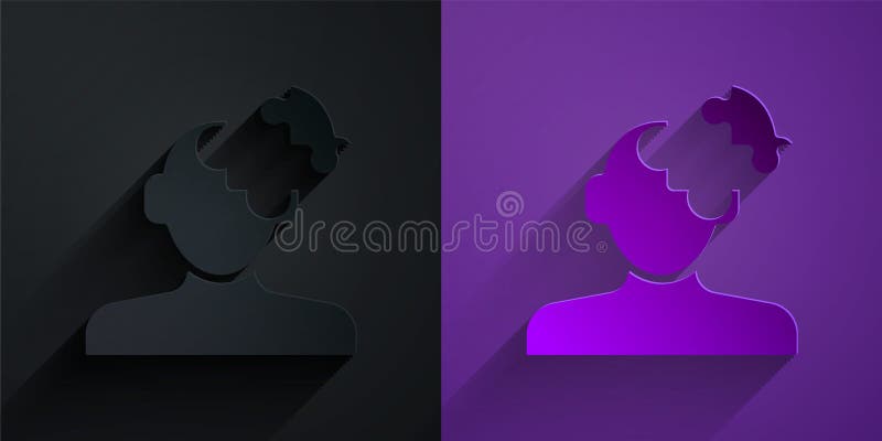 Paper cut Solution to the problem in psychology icon isolated on black on purple background. Puzzle. Therapy for mental health. Paper art style. Vector. Paper cut Solution to the problem in psychology icon isolated on black on purple background. Puzzle. Therapy for mental health. Paper art style. Vector.