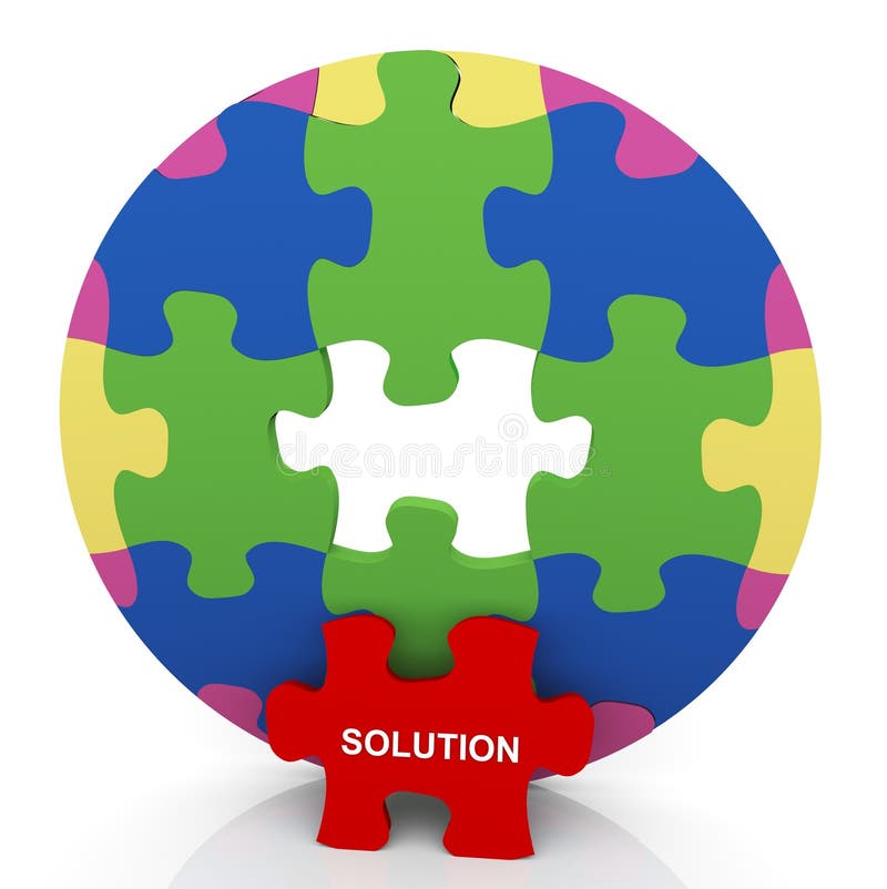 3d render of circular shape puzzle with'solution' red puzzle piece. 3d render of circular shape puzzle with'solution' red puzzle piece