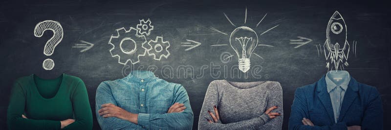 Soluția de analiză a problemelor și conceptul de proiect ca un grup anonim suprarealist de persoane cu simboluri în loc de cap. gâ royalty free stock images