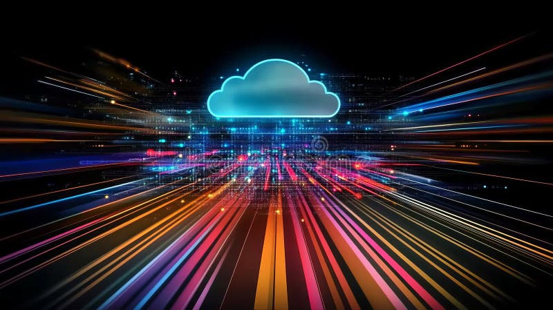 Soluții De Calcul De Tip Cloud Computing Și Un Concept De Date Abstract Cu Fluxuri De Date Strălucitoare În Cloud Și Neon vector illustration