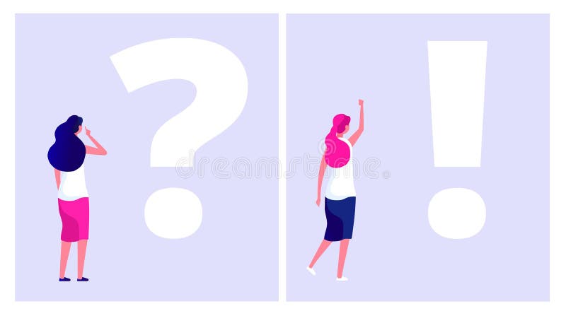 Solve problem concept. Troubled woman student thinking with question mark dilemma understand solution business problems vector illustration