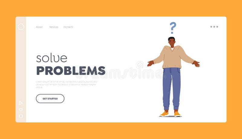 Solve Problems Landing Page Template. Confused African Man Shrug with Question Mark over Head. Confused, Curious Person vector illustration