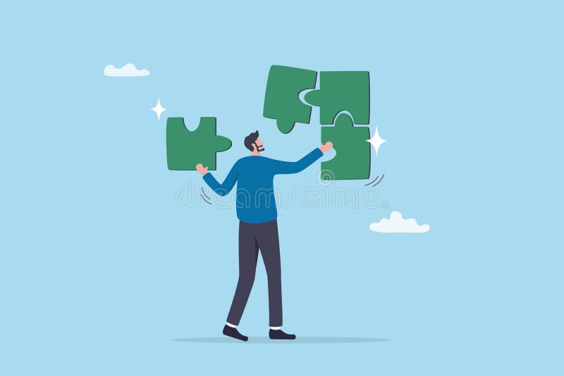 Solve puzzle problem, think of solution, finish or accomplishment, creativity idea or challenge, connect jigsaw piece to resolve royalty free illustration