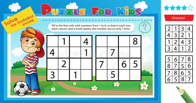 Solve the sudoku puzzle. Logic puzzle for kids. Education game for children. Worksheet vector design for schoolers