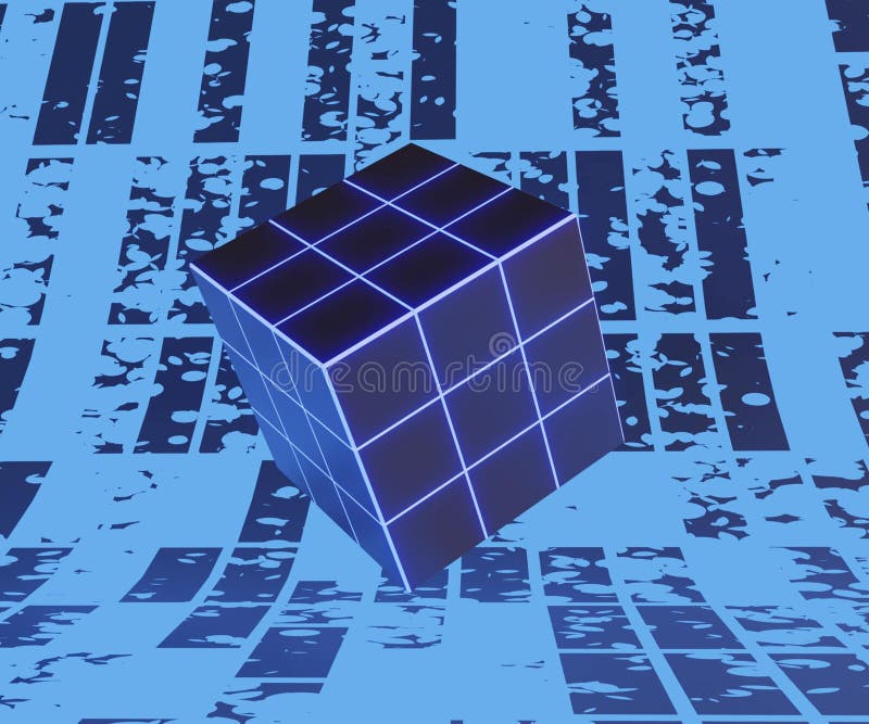 Solved cube puzzle in the glowing dark blue background royalty free illustration