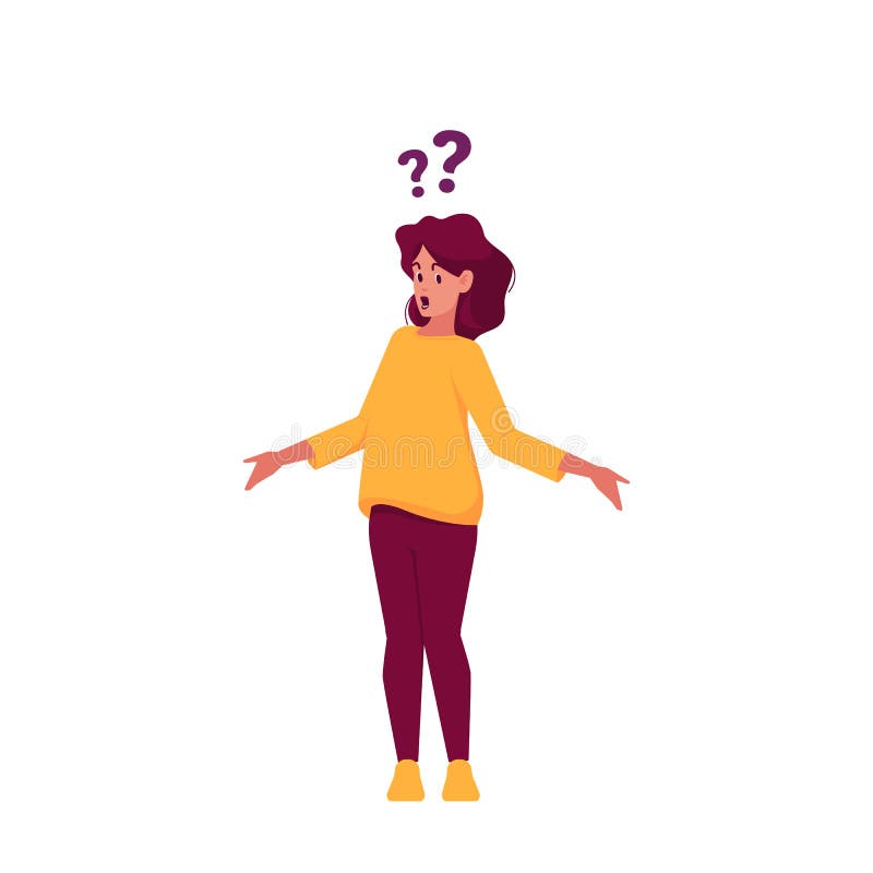 Solving Problem, Searching Solution and Info, Doubts and Confusion Concept. Serious Female Character with Questions vector illustration