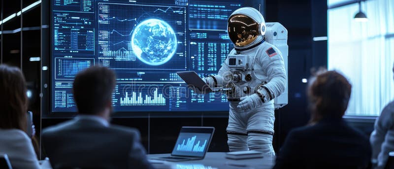 Som leder det sätt på vilket astronut presenterar investeringsmöjligheter i det moderna affärsmötesrummet royaltyfri fotografi