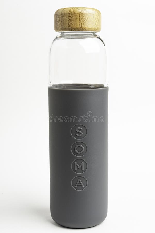 A SOMA Glass Water Bottle with Gray Silicone Sleeve Editorial Stock Image -  Image of gray, hydrate: 171495799