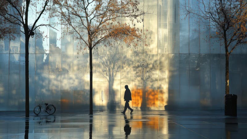 Sombra : La misteriosa silueta urbana en movimiento con sombras y reflexiones en capas con símbolos reconocibles stock de ilustración