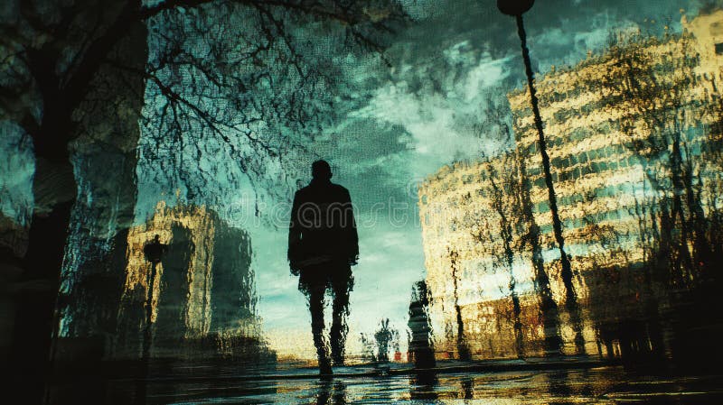 Sombra : La misteriosa silueta urbana en movimiento con sombras y reflexiones en capas con símbolos reconocibles ilustración del vector