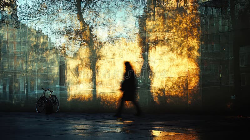 Sombra : La misteriosa silueta urbana en movimiento con sombras y reflexiones en capas con símbolos reconocibles libre illustration