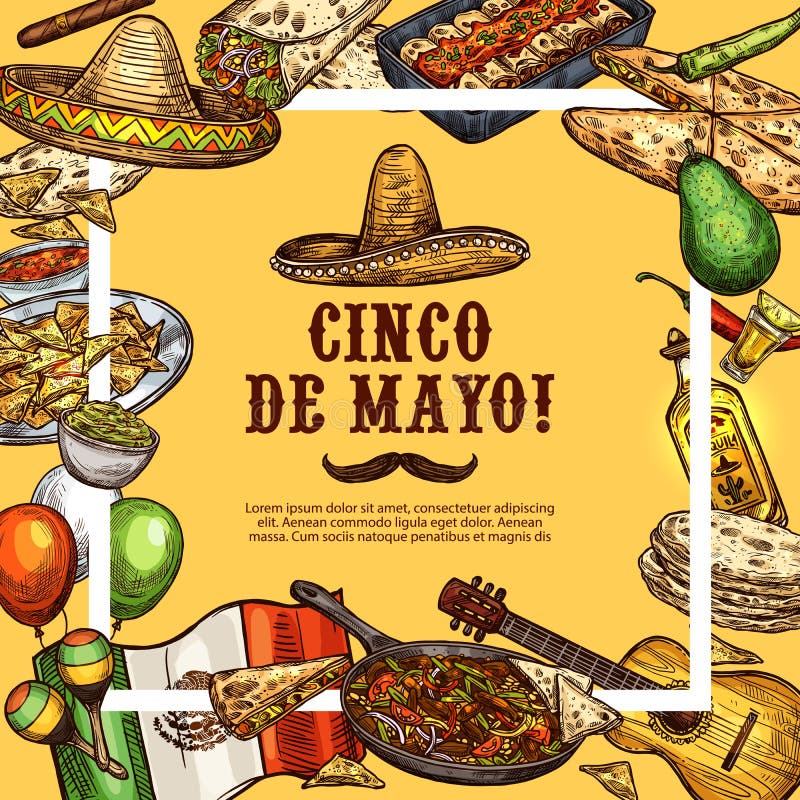 Sombrero de Cinco de Mayo Mexican et nourriture de fiesta illustration stock Sombrero de Cinco de Mayo Mexican et nourriture de fiesta illustration stock