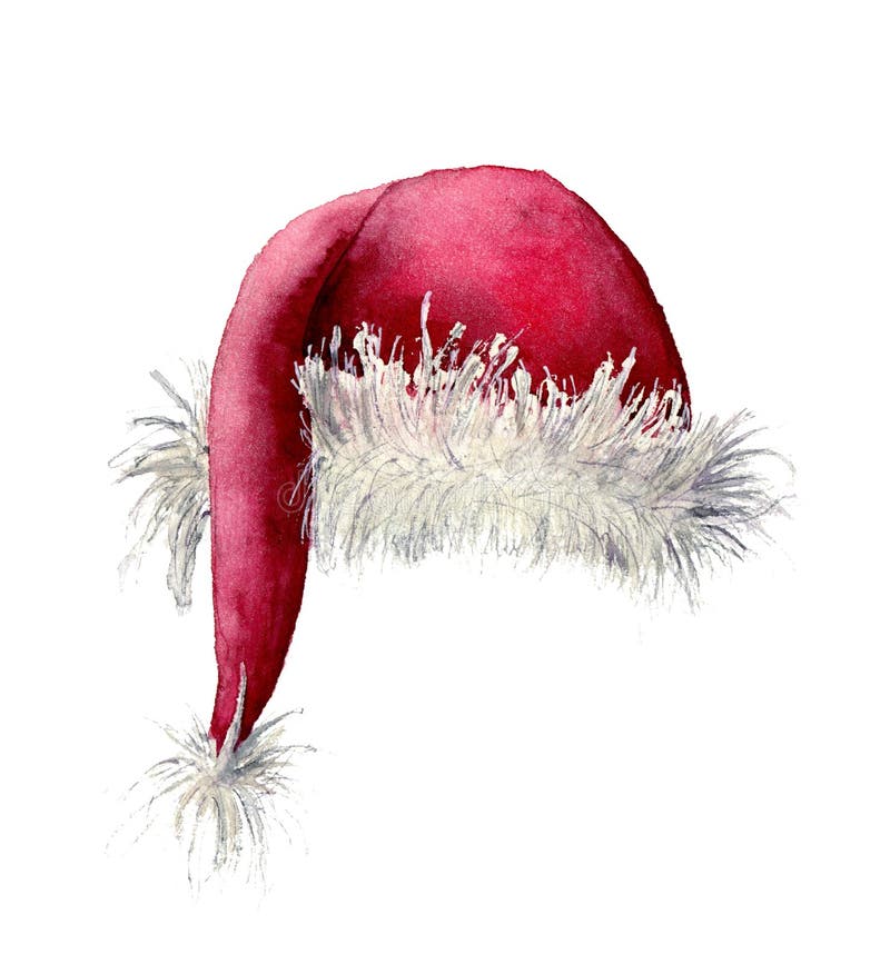 Sombrero de Santa Claus de la acuarela Ejemplo pintado a mano de la Navidad aislado en el fondo blanco Para el diseño, fondo o ilustración del vector Sombrero de Santa Claus de la acuarela Ejemplo pintado a mano de la Navidad aislado en el fondo blanco Para el diseño, fondo o ilustración del vector