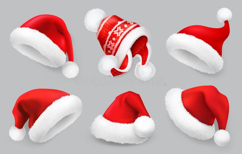 Sombrero de Santa Claus Ropa del invierno Sistema del icono del vector de la Navidad 3d
